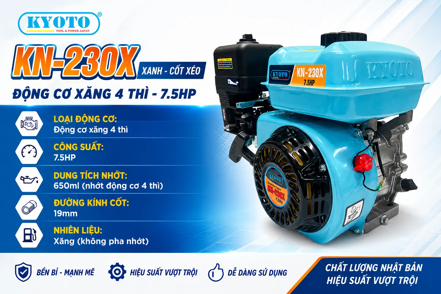 Giới thiệu sản phẩm  Động cơ xăng cốt xéo KYOTO KN-230X 7.5HP